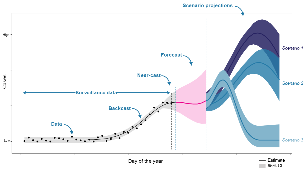 Diagram of surveillance data with a forecasted epidimiological curve for the period after the data is avaliable and three longer-term predictions representing three scenarios.