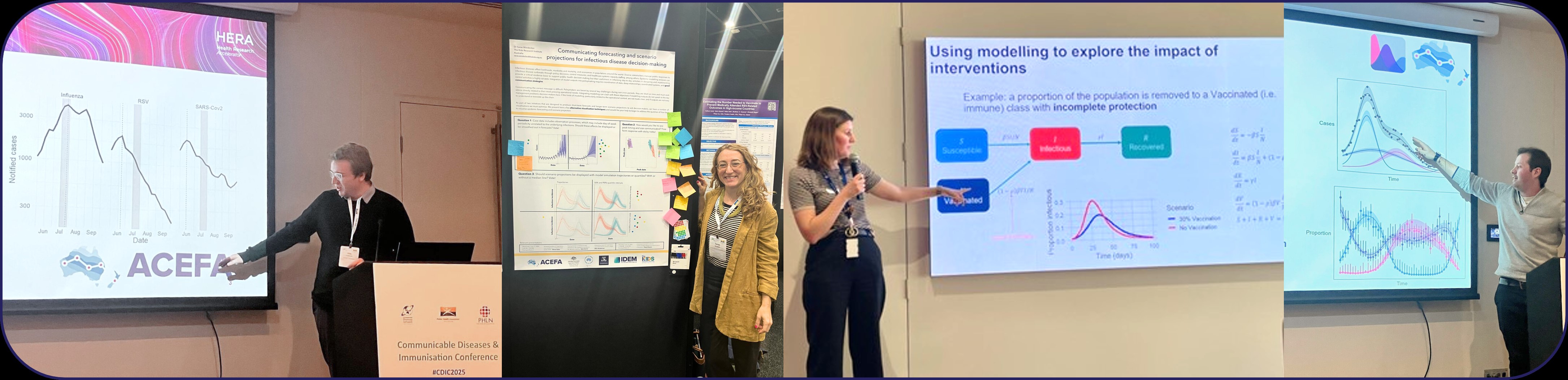 A collage of four photos each which show one person undertaking a conference or lecturing presentation.